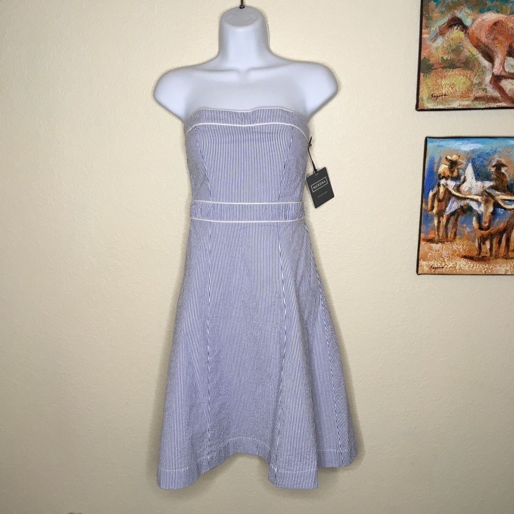 Merona Blue White Seersucker Strapless Dress Sz 4